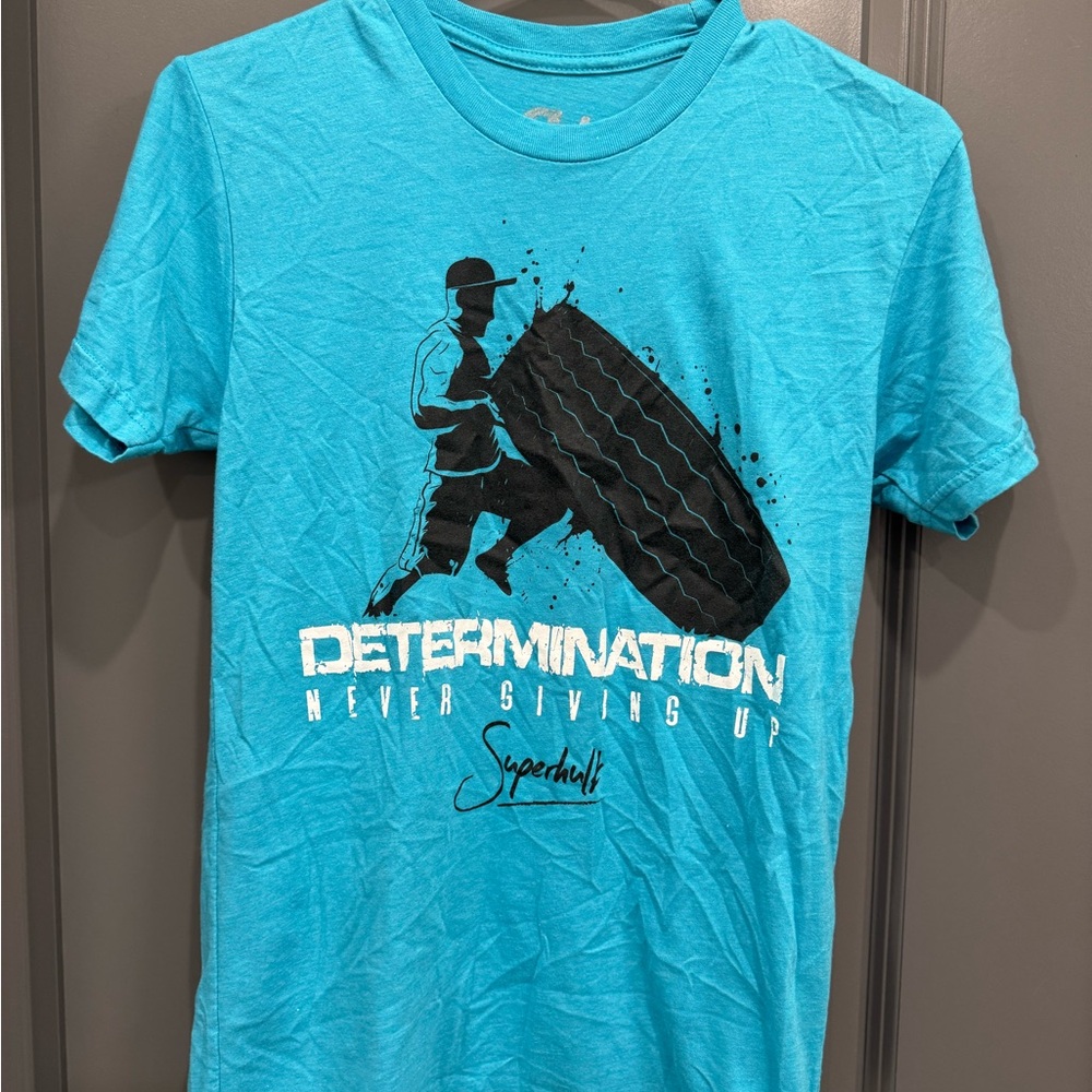 Blue and Black Short Sleeve Tee with Determination Graphic